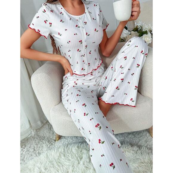 Shein Other - Cherry Print Lettuce Trim Button Front Tee & Pants Pajama Set Size Small